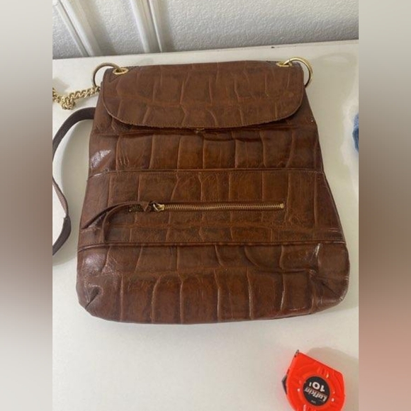 Kate Landry Brown Croc Crossbody Messenger Bag Gold Hardware - Picture 6 of 9